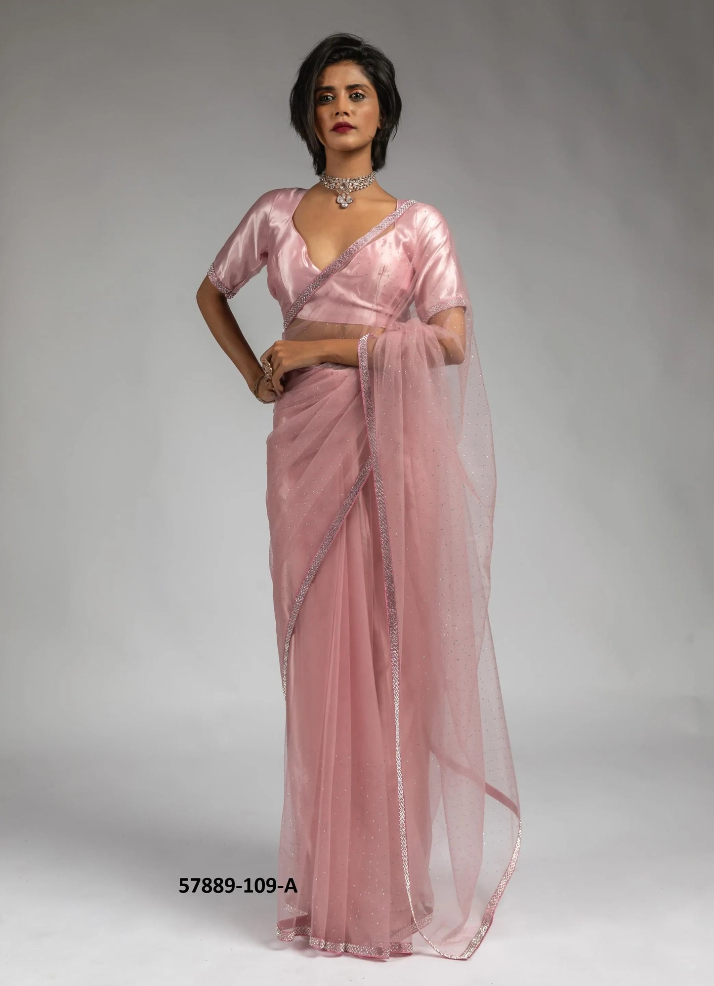 Pink Net Zarkan-Work Evening-Wear Ready-To-Wear Saree