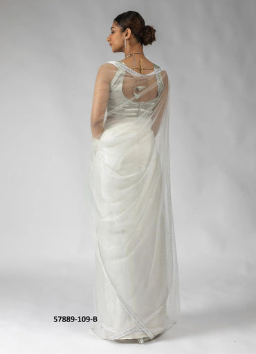 White Net Zarkan-Work Evening-Wear Ready-To-Wear Saree