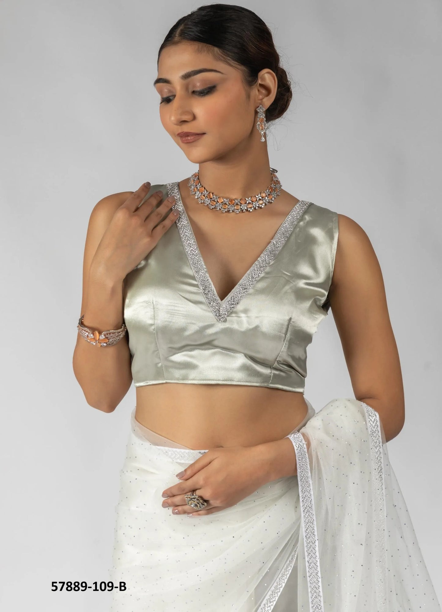 White Net Zarkan-Work Evening-Wear Ready-To-Wear Saree
