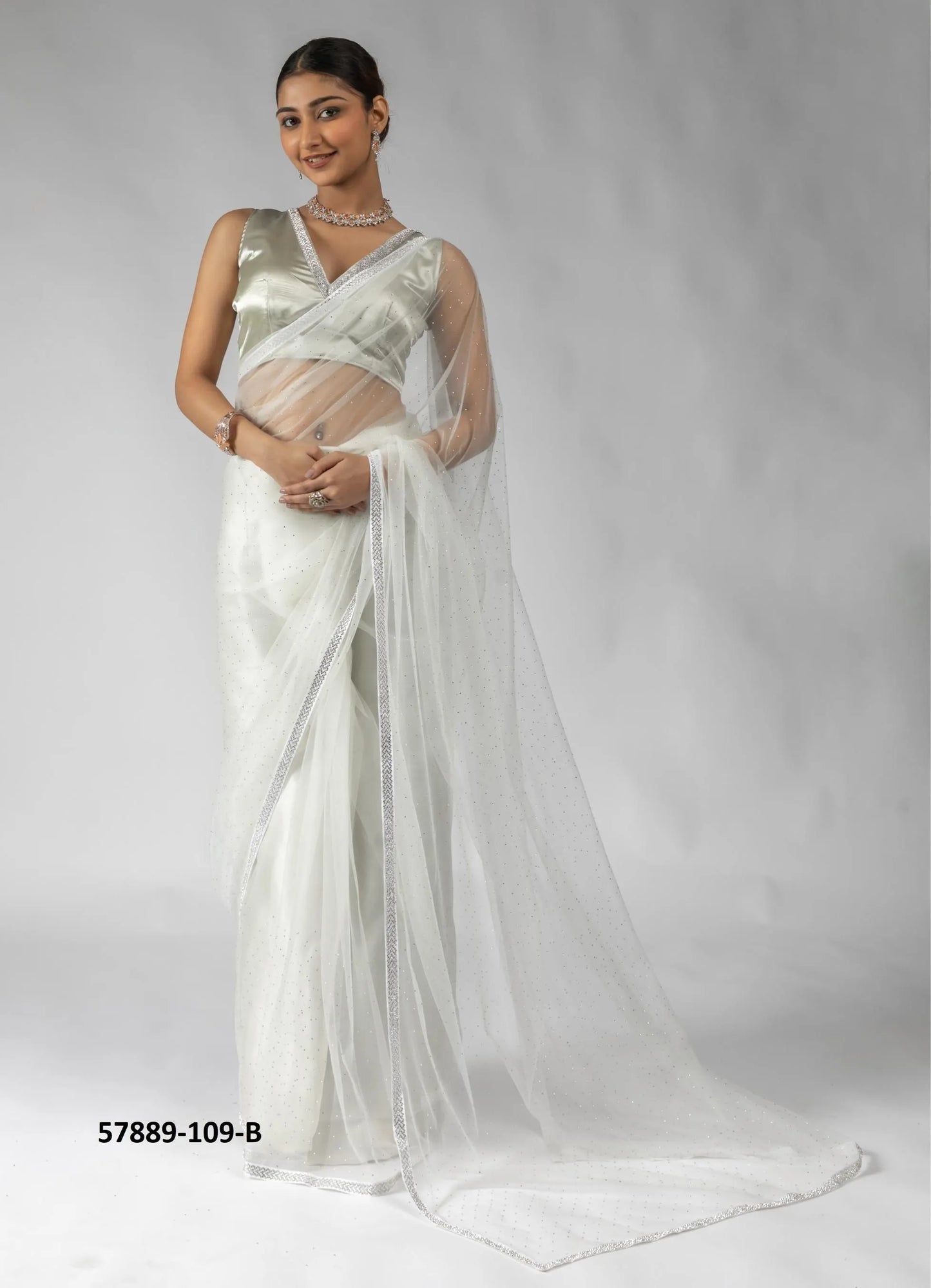 White Net Zarkan-Work Evening-Wear Ready-To-Wear Saree