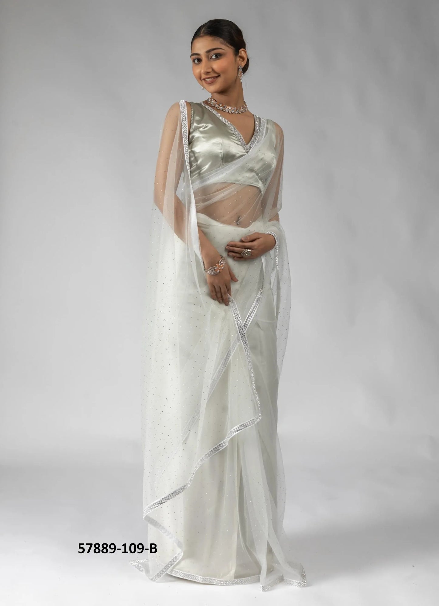 White Net Zarkan-Work Evening-Wear Ready-To-Wear Saree