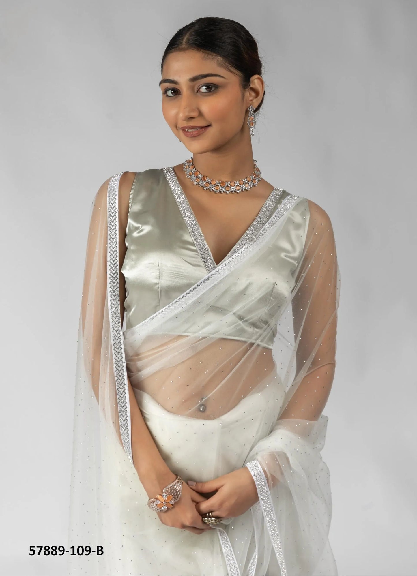 White Net Zarkan-Work Evening-Wear Ready-To-Wear Saree