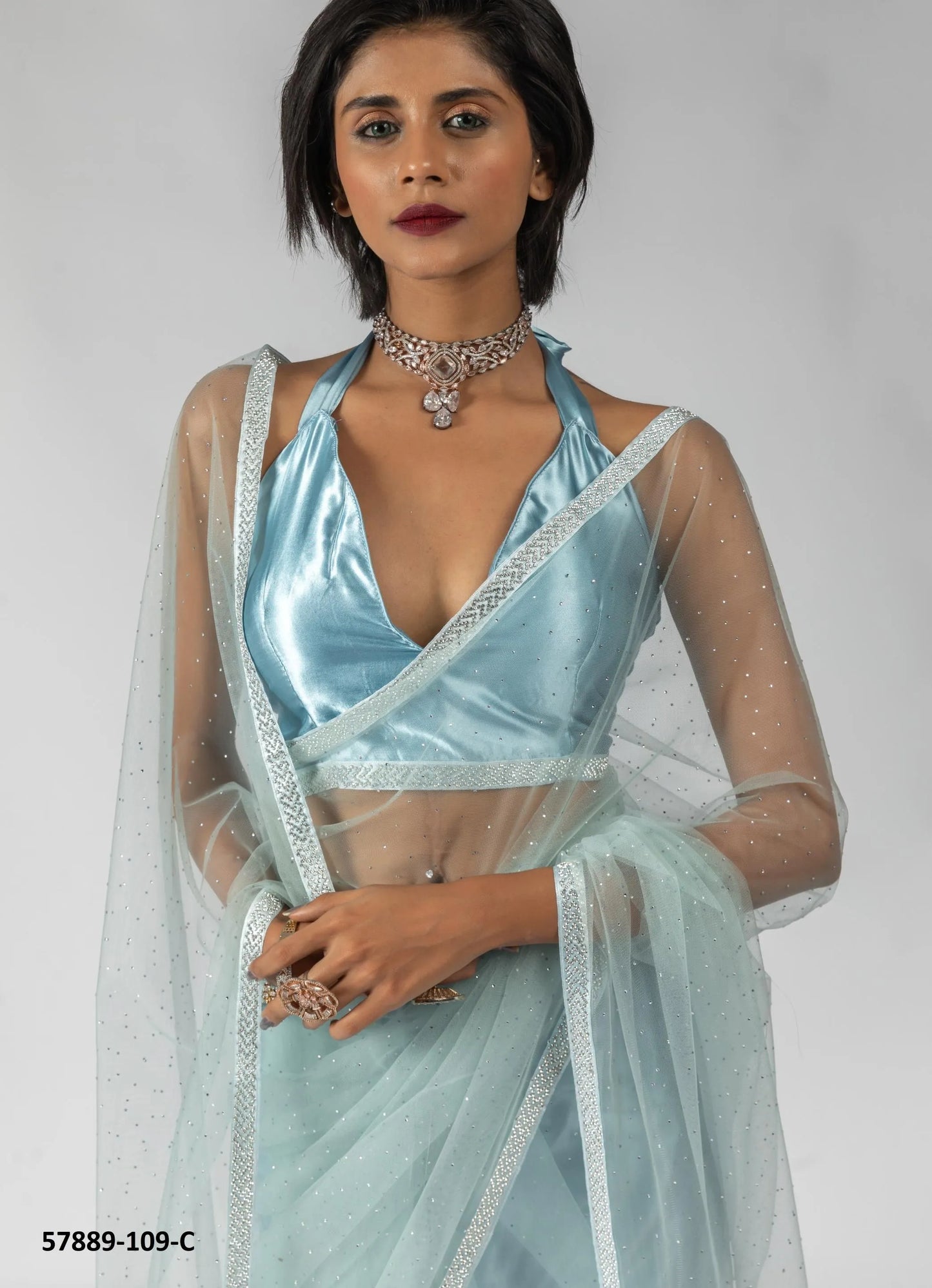 Light Blue Net Zarkan-Work Evening-Wear Ready-To-Wear Saree