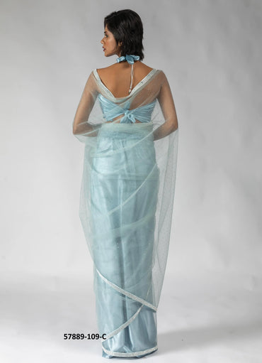 Light Blue Net Zarkan-Work Evening-Wear Ready-To-Wear Saree
