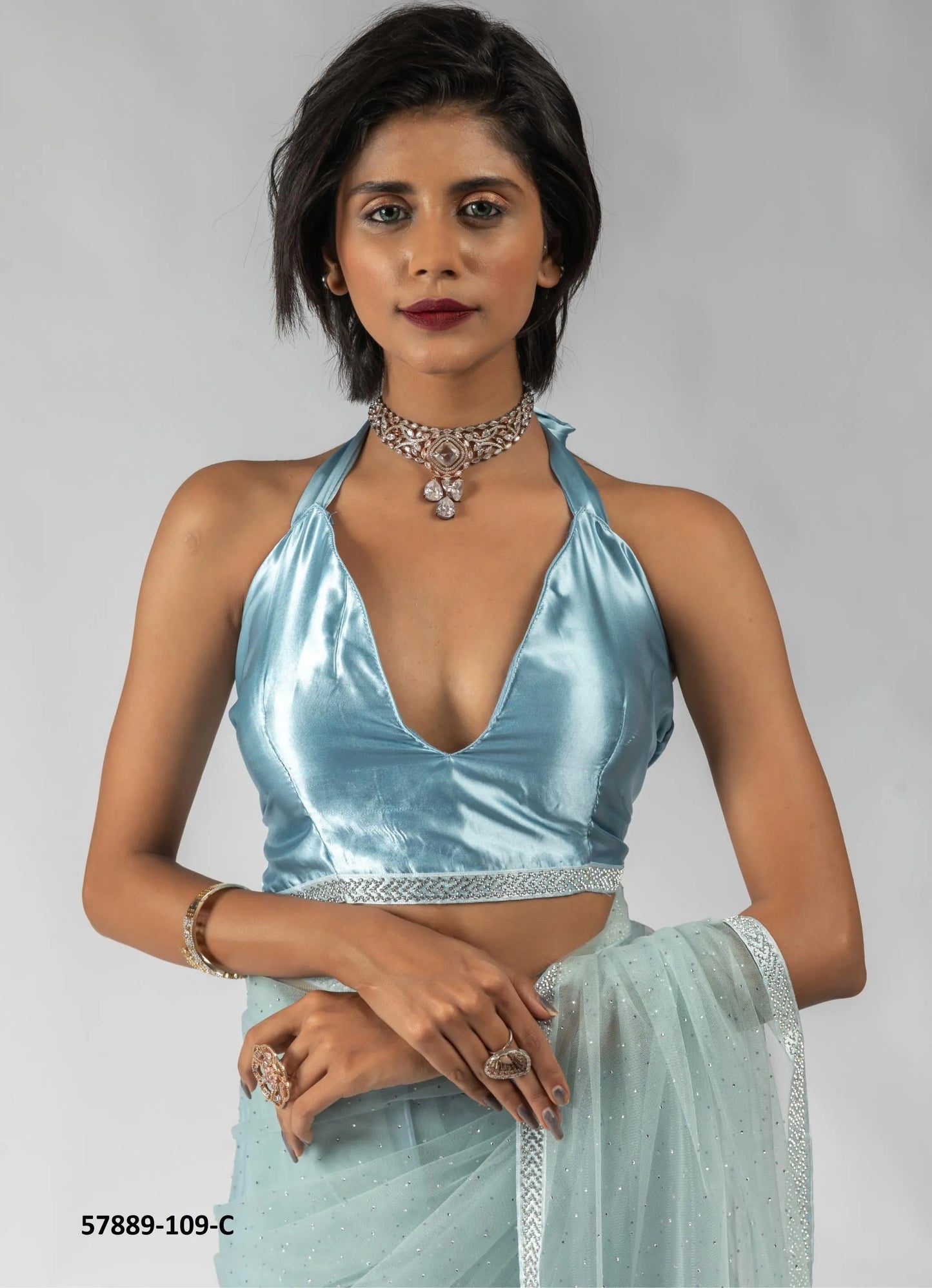 Light Blue Net Zarkan-Work Evening-Wear Ready-To-Wear Saree