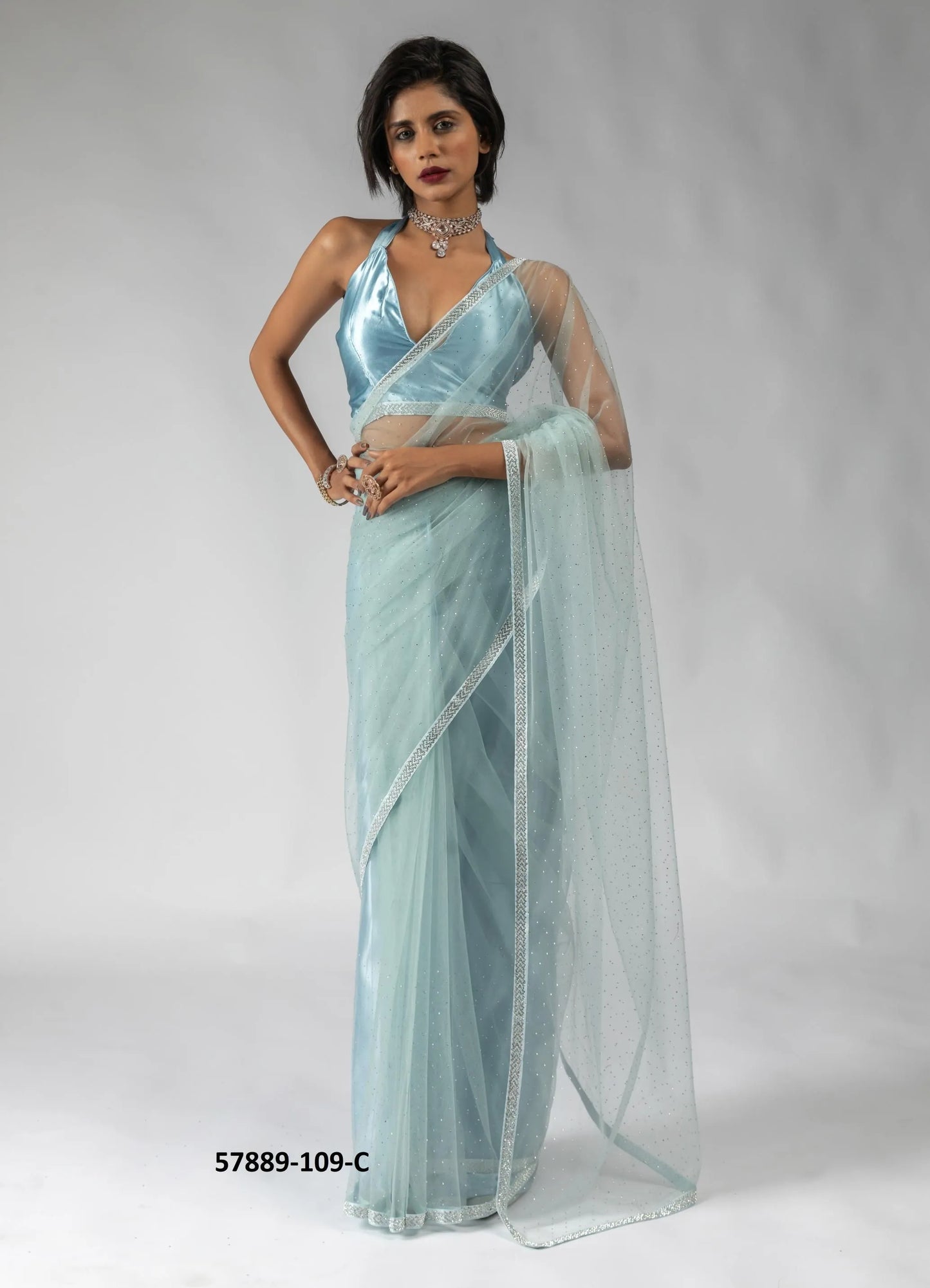 Light Blue Net Zarkan-Work Evening-Wear Ready-To-Wear Saree