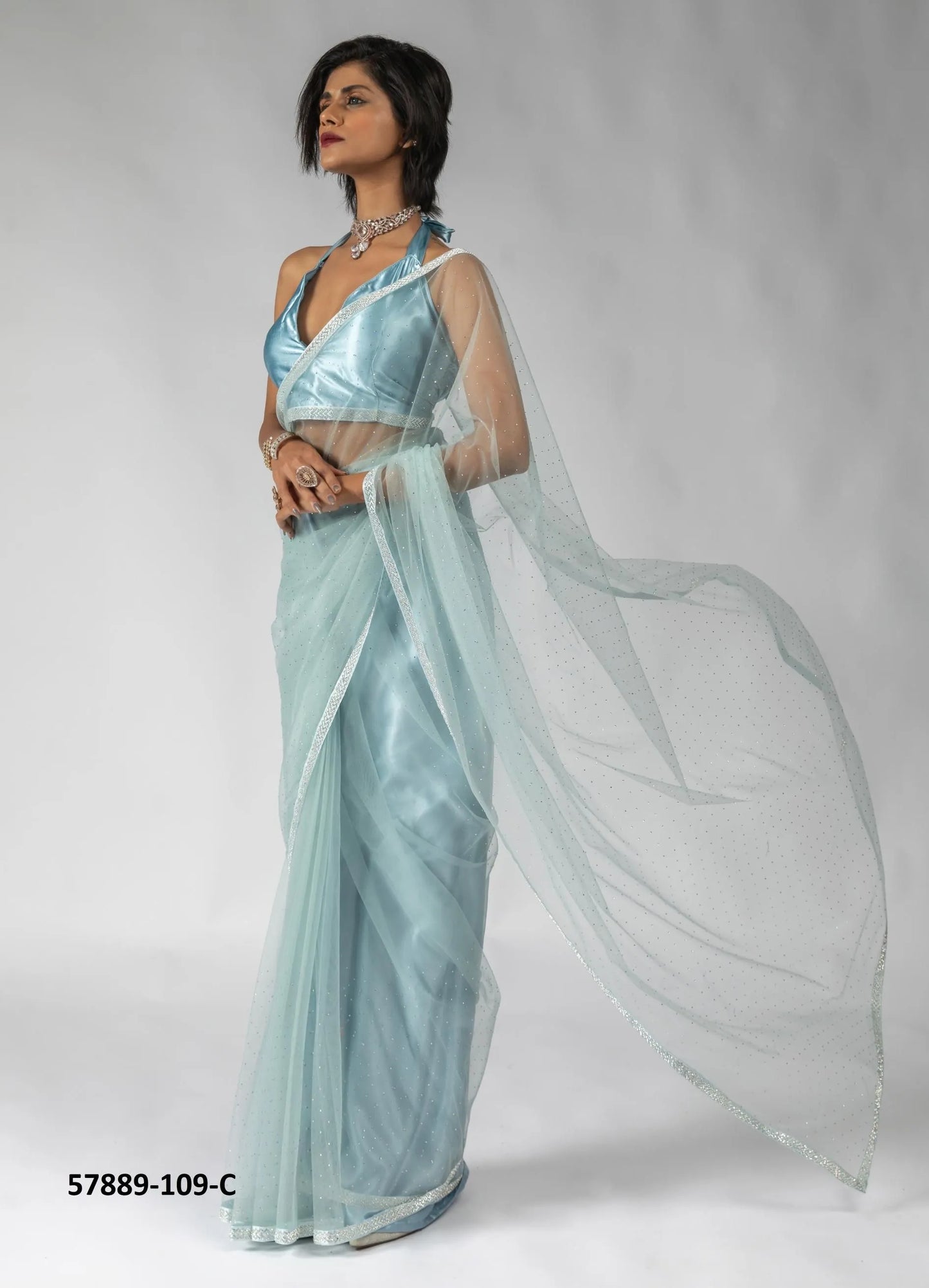 Light Blue Net Zarkan-Work Evening-Wear Ready-To-Wear Saree