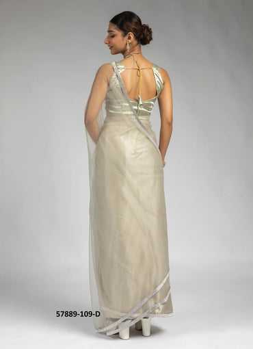 Beige Net Zarkan-Work Evening-Wear Ready-To-Wear Saree