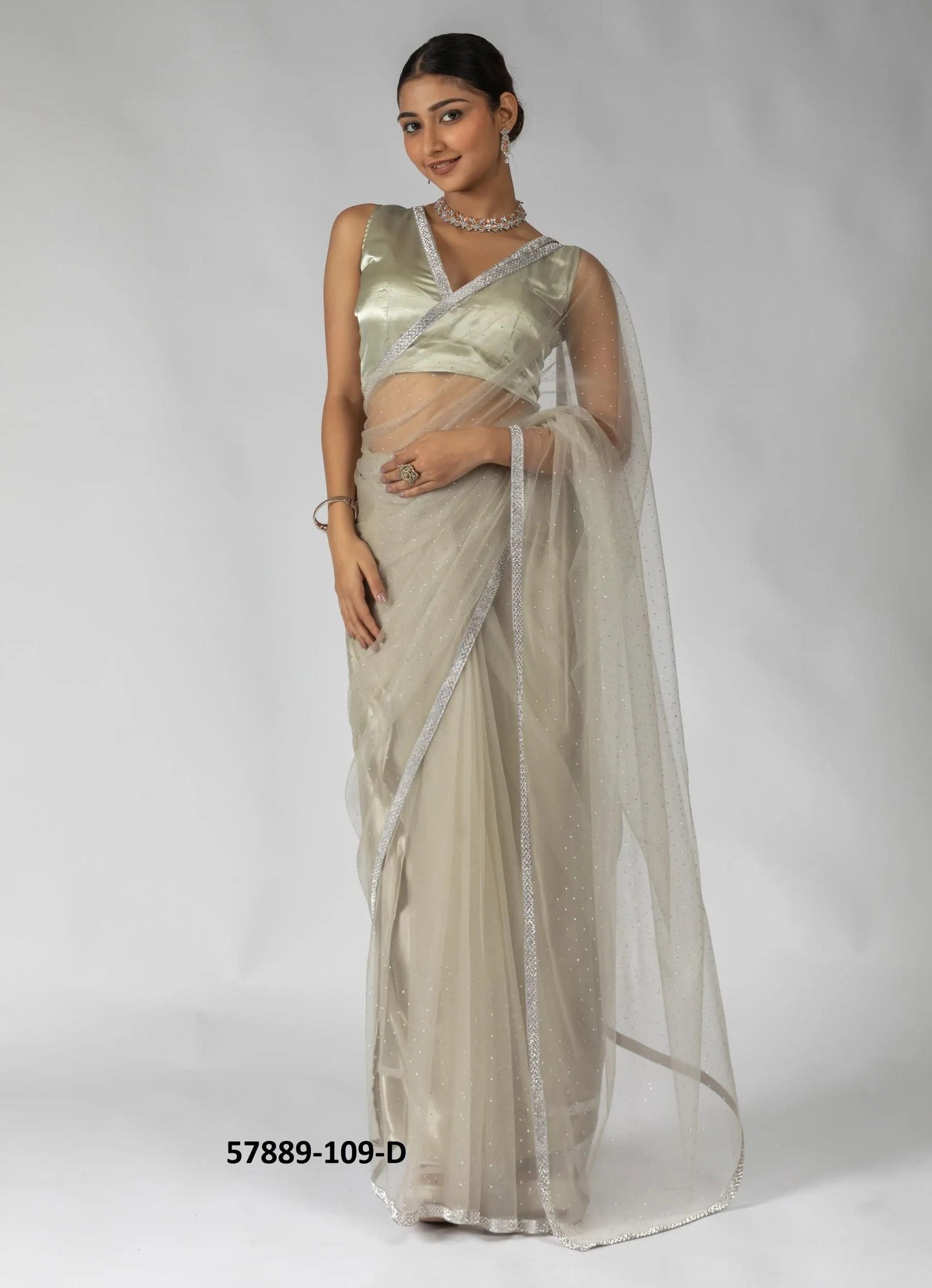 Beige Net Zarkan-Work Evening-Wear Ready-To-Wear Saree