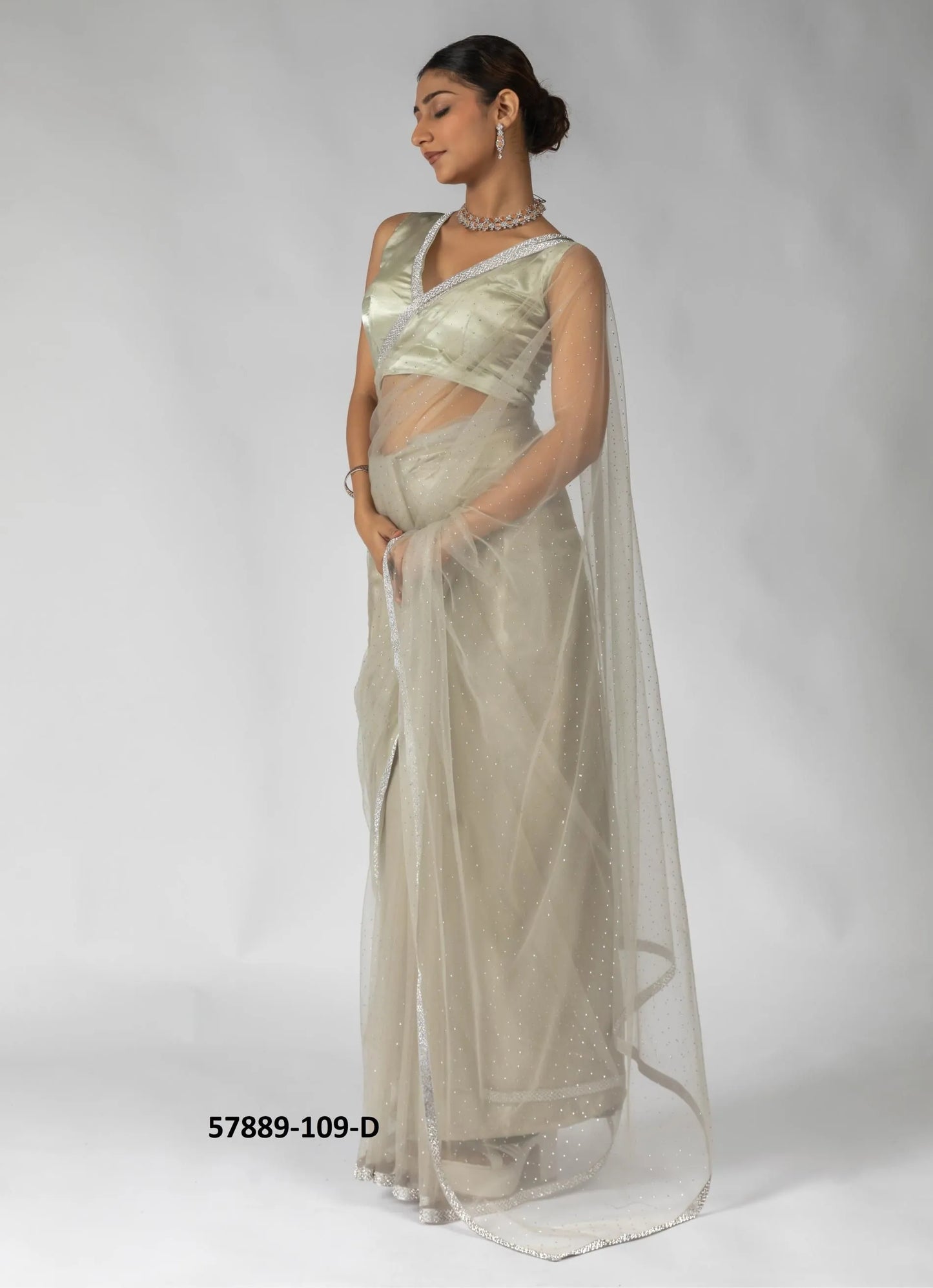 Beige Net Zarkan-Work Evening-Wear Ready-To-Wear Saree