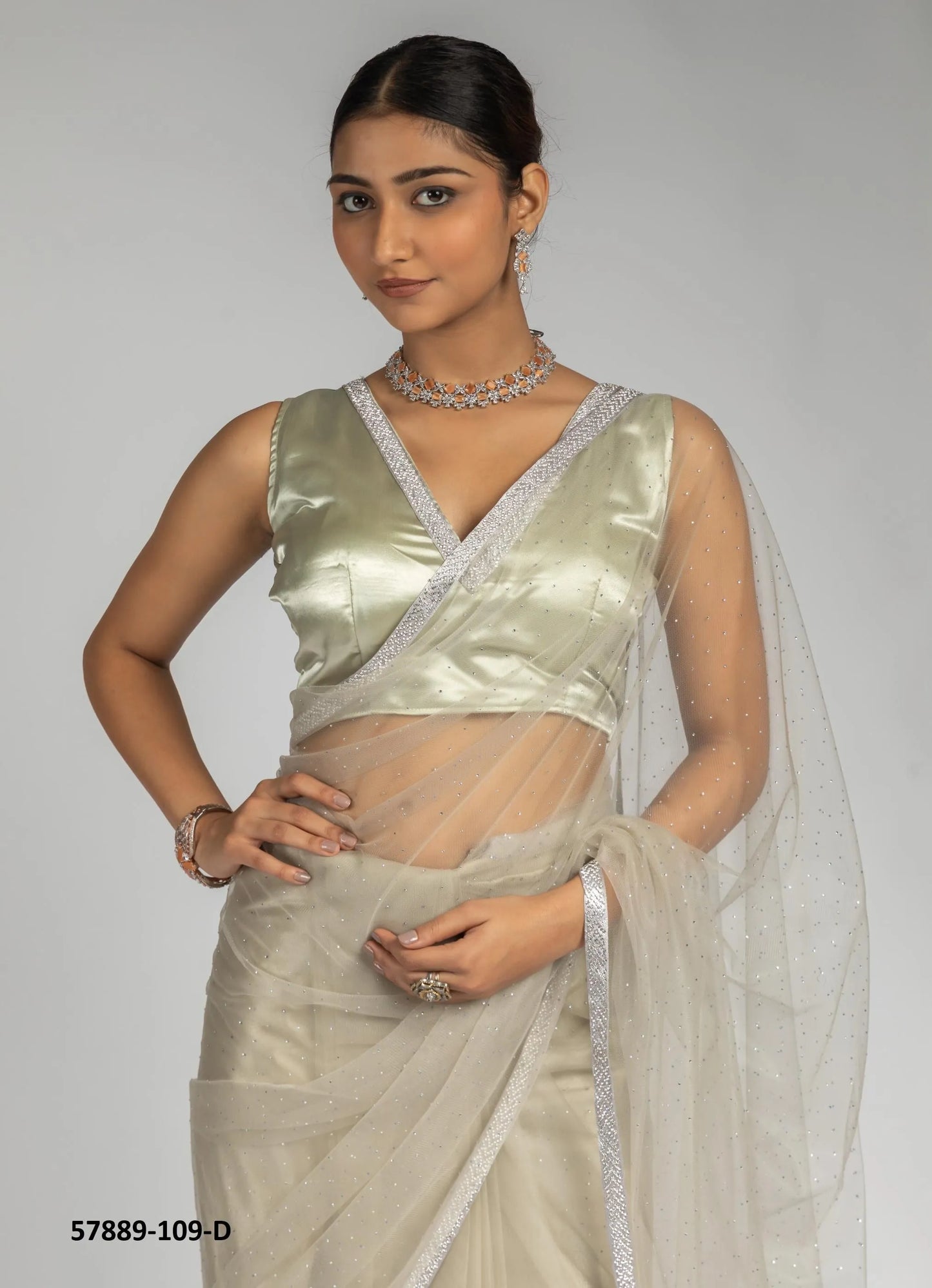 Beige Net Zarkan-Work Evening-Wear Ready-To-Wear Saree