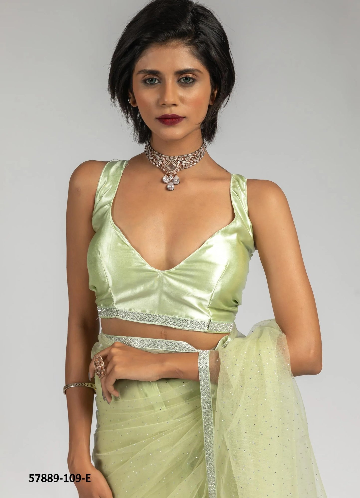 Light Green Net Zarkan-Work Evening-Wear Ready-To-Wear Saree