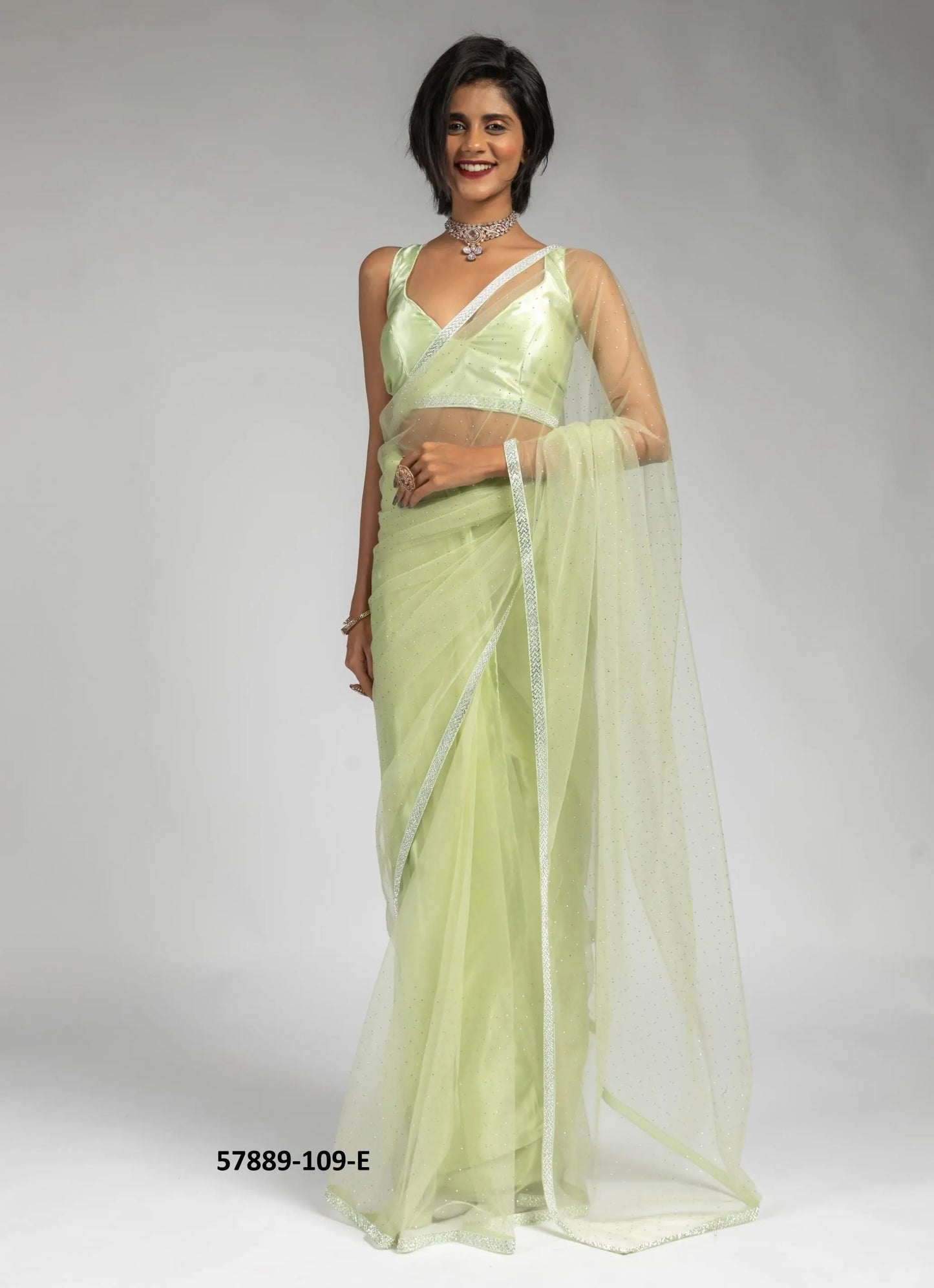 Light Green Net Zarkan-Work Evening-Wear Ready-To-Wear Saree