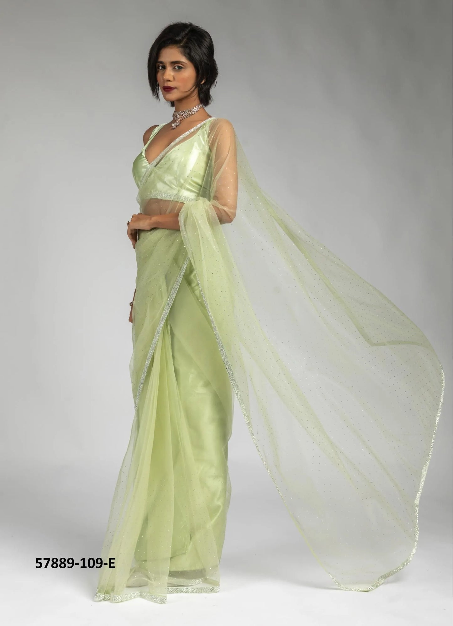 Light Green Net Zarkan-Work Evening-Wear Ready-To-Wear Saree