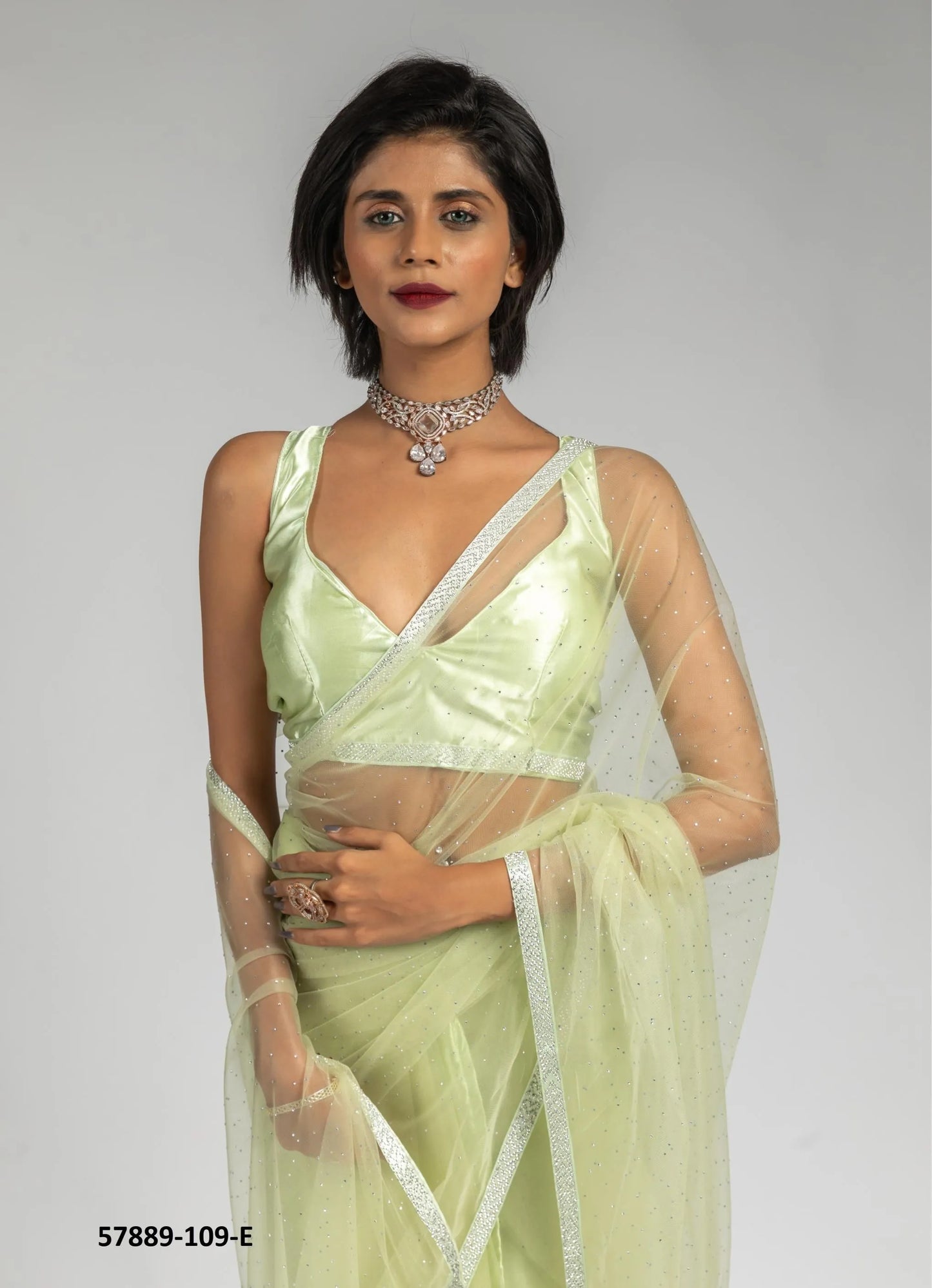 Light Green Net Zarkan-Work Evening-Wear Ready-To-Wear Saree