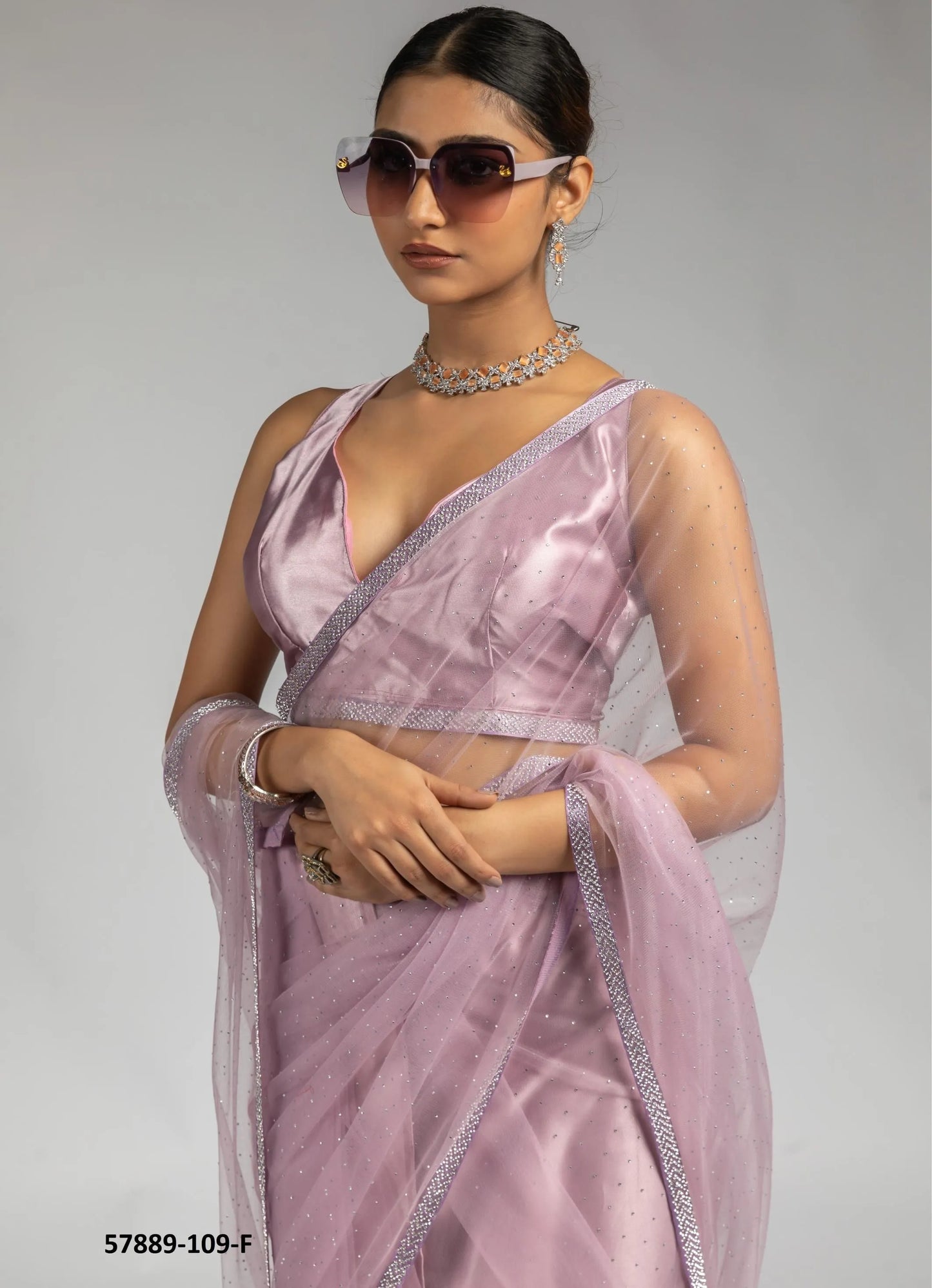 Mauve Net Zarkan-Work Evening-Wear Ready-To-Wear Saree