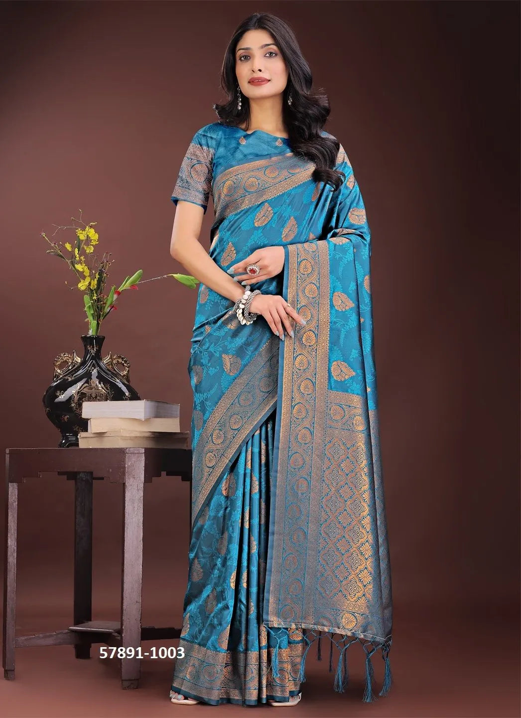 Teal Blue Silk Woven Festive-Wear Desi Saree