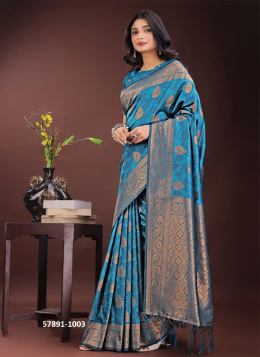 Teal Blue Silk Woven Festive-Wear Desi Saree