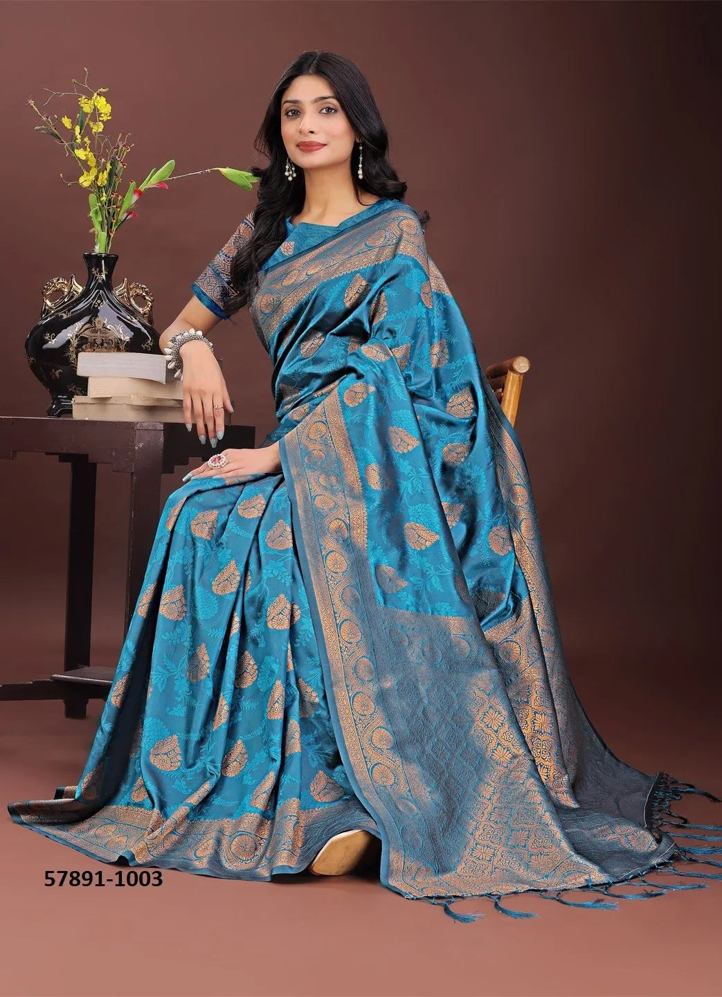 Teal Blue Silk Woven Festive-Wear Desi Saree