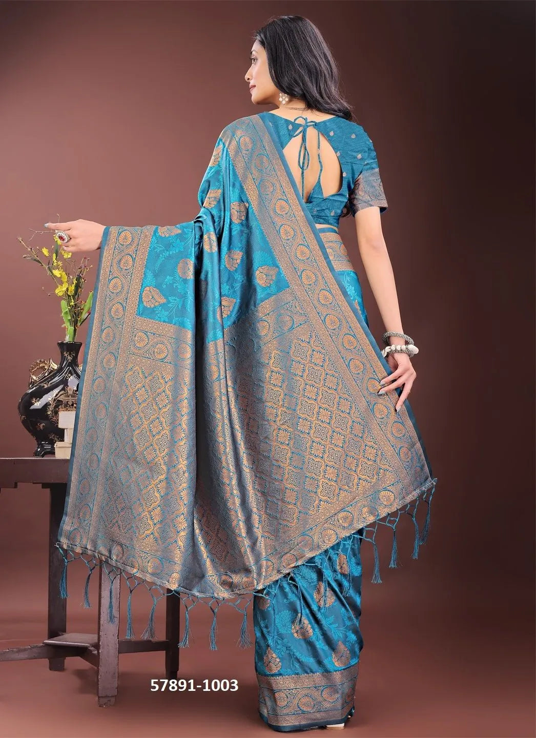 Teal Blue Silk Woven Festive-Wear Desi Saree