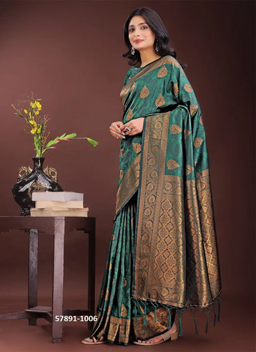 Teal Green Silk Woven Festive-Wear Desi Saree