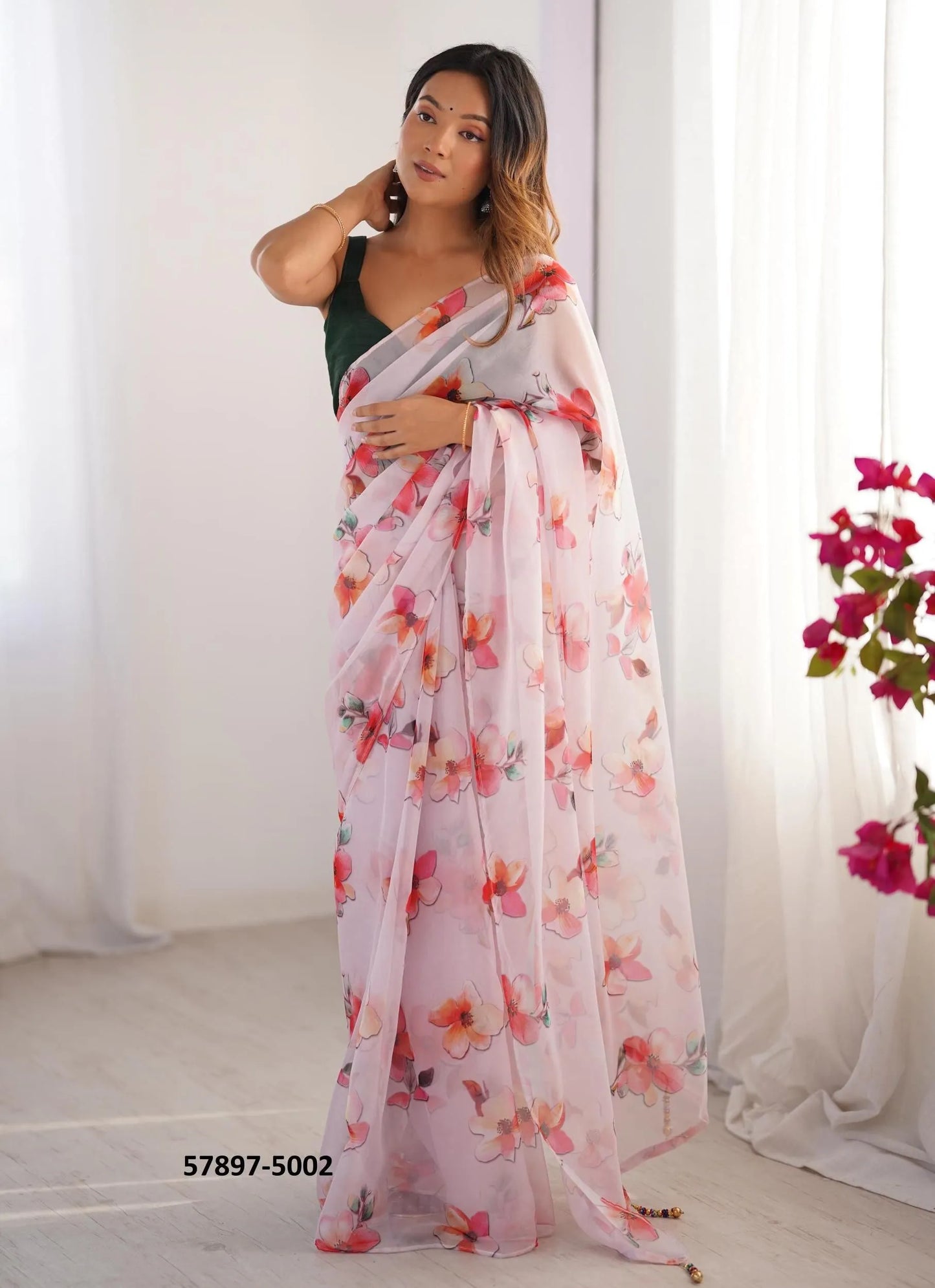 Light Pink Organza Fashionable Saree For Kitty-Parties