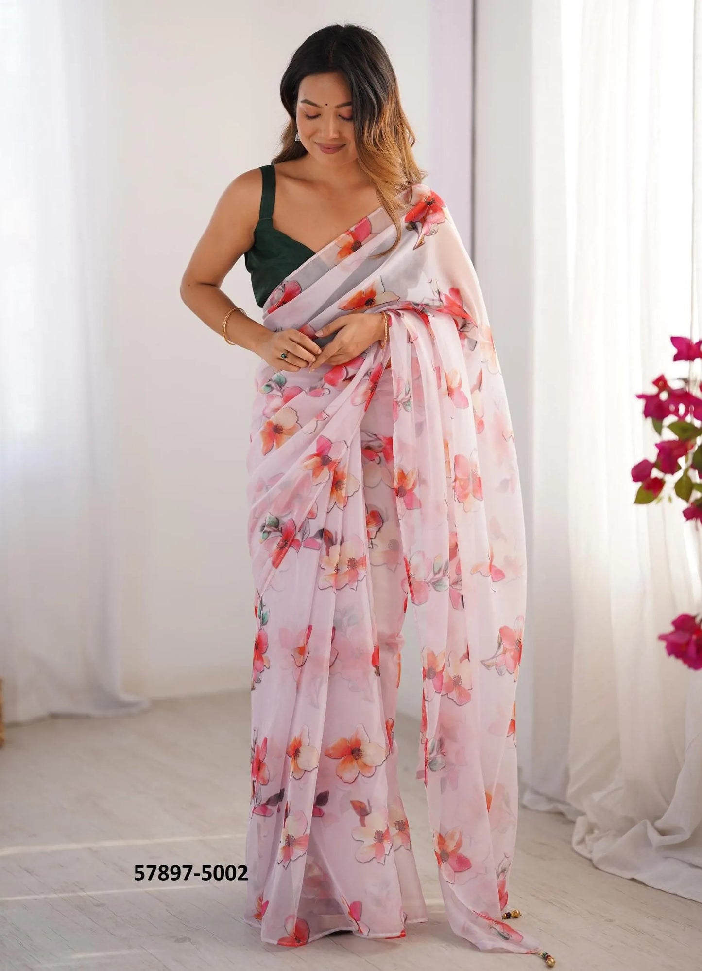 Light Pink Organza Fashionable Saree For Kitty-Parties