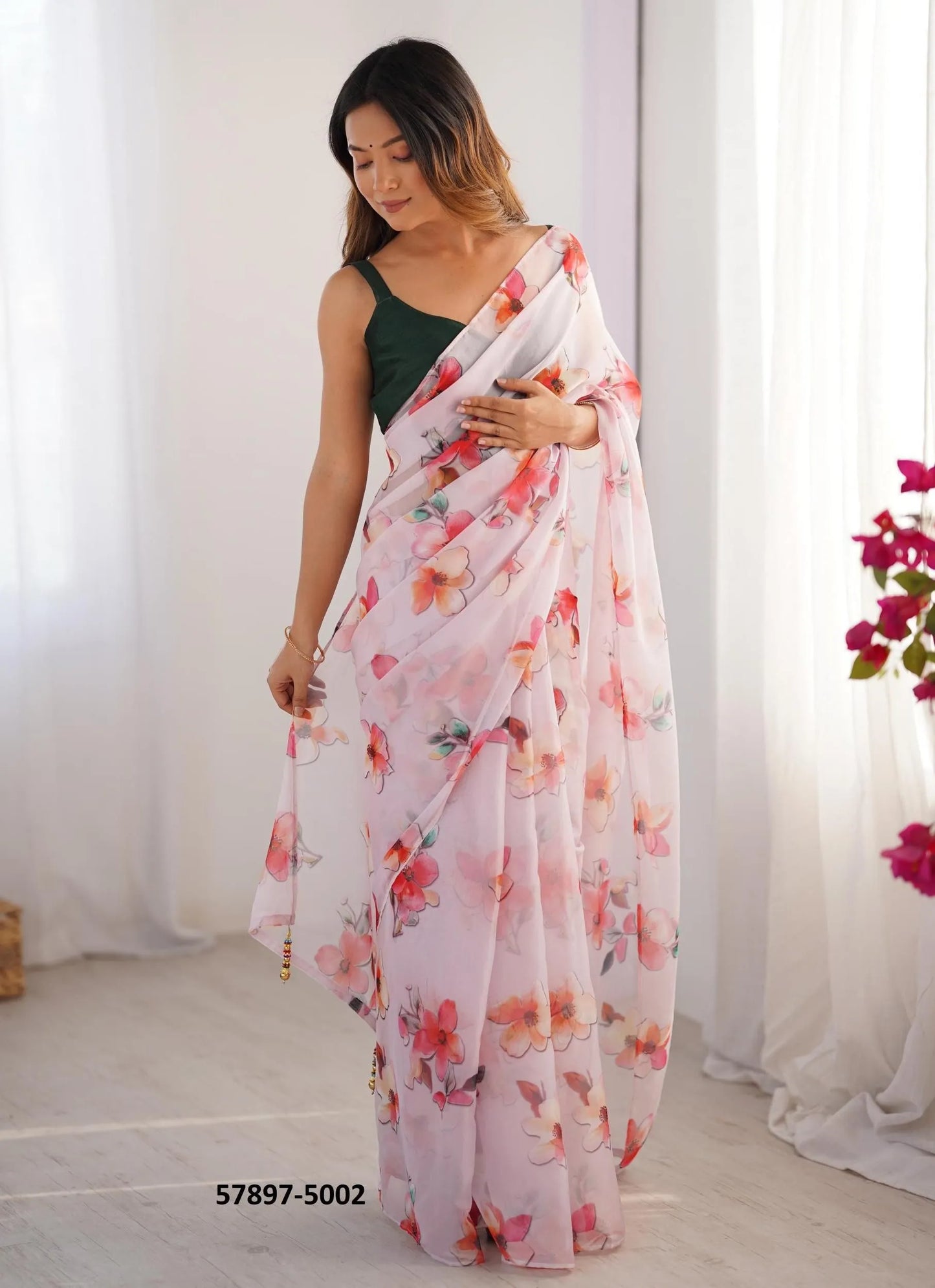 Light Pink Organza Fashionable Saree For Kitty-Parties
