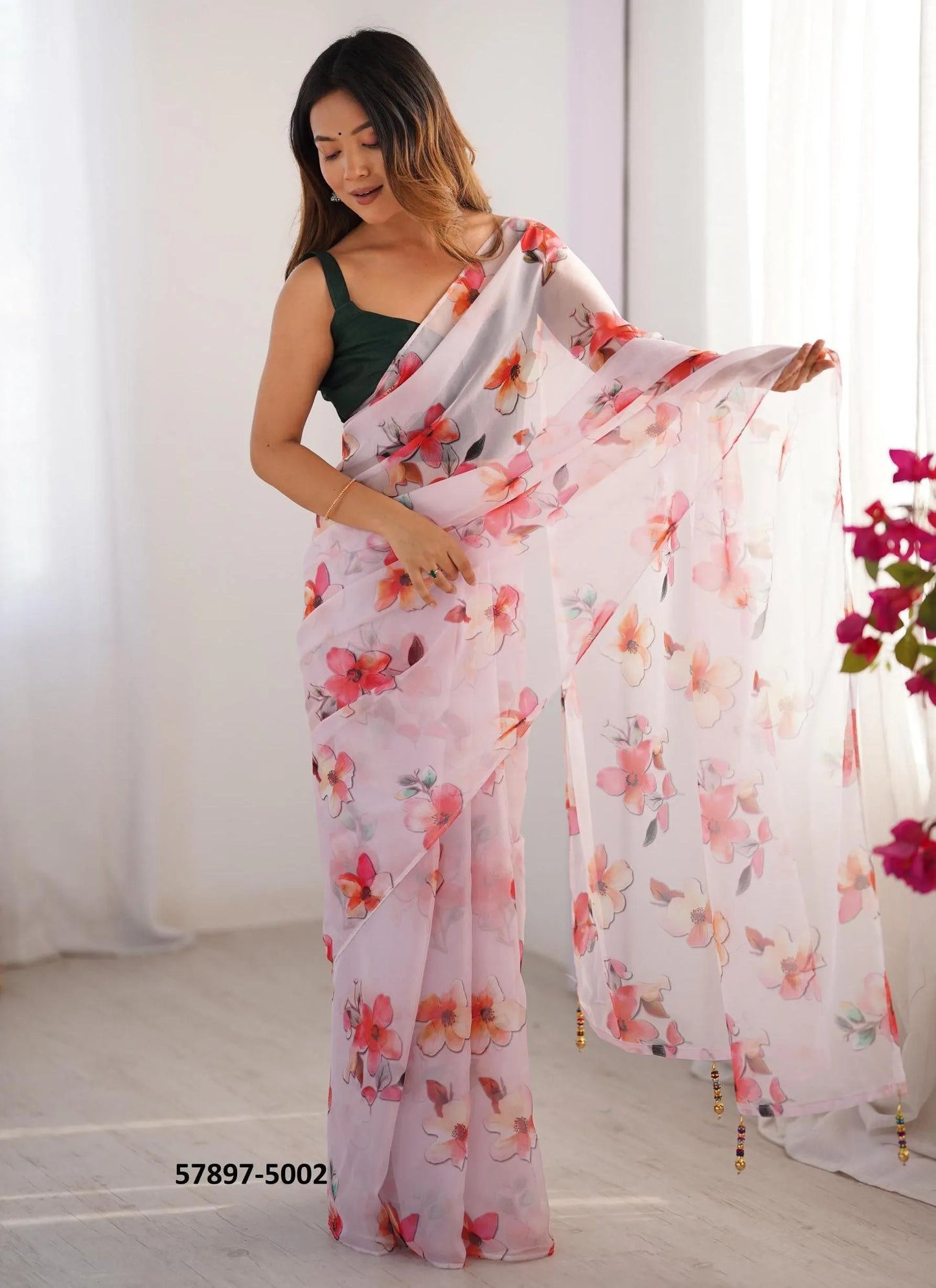 Light Pink Organza Fashionable Saree For Kitty-Parties