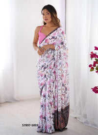 White Chinon Fashionable Saree For Kitty-Parties