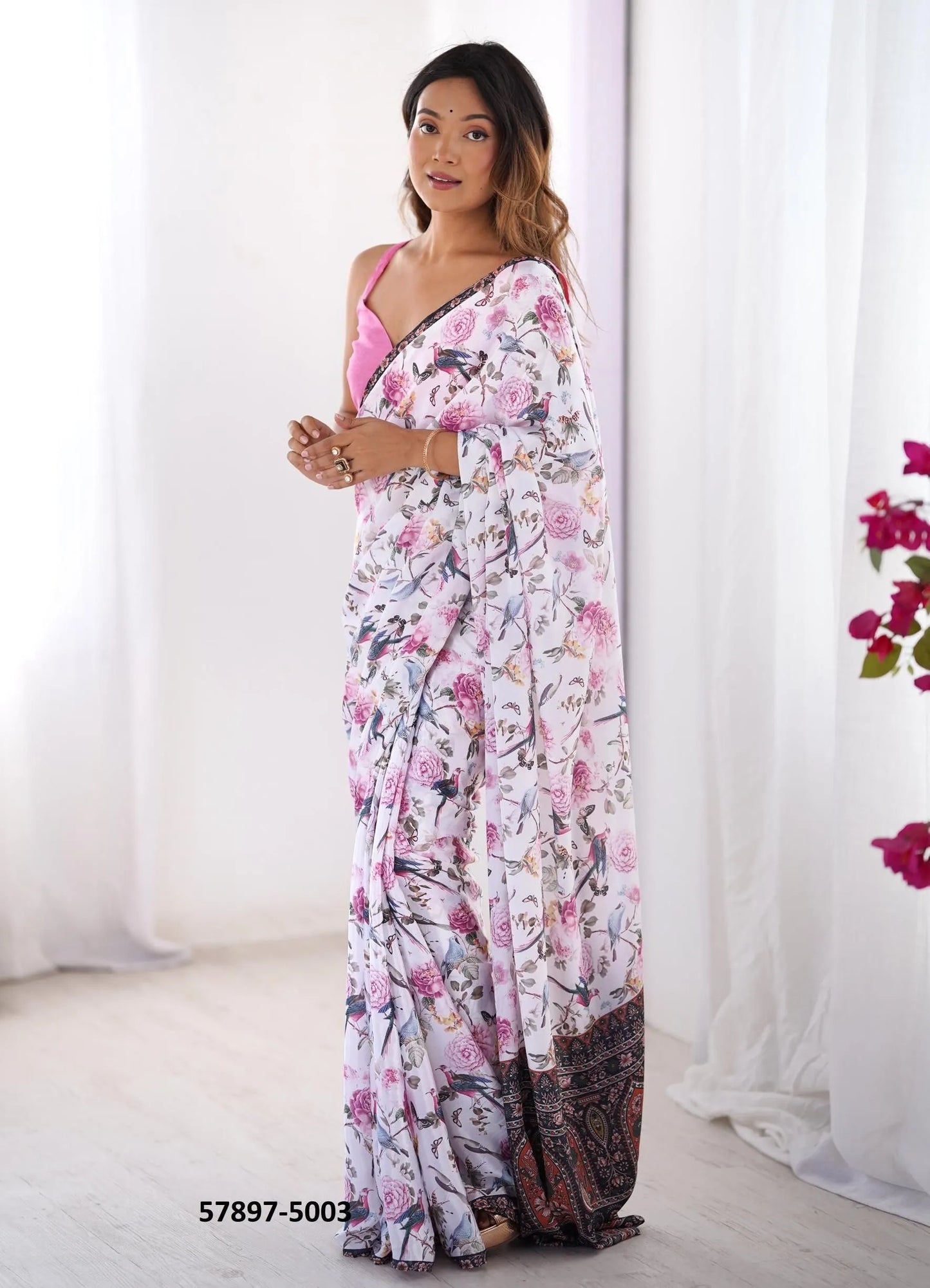 White Chinon Fashionable Saree For Kitty-Parties