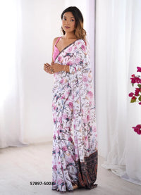 White Chinon Fashionable Saree For Kitty-Parties