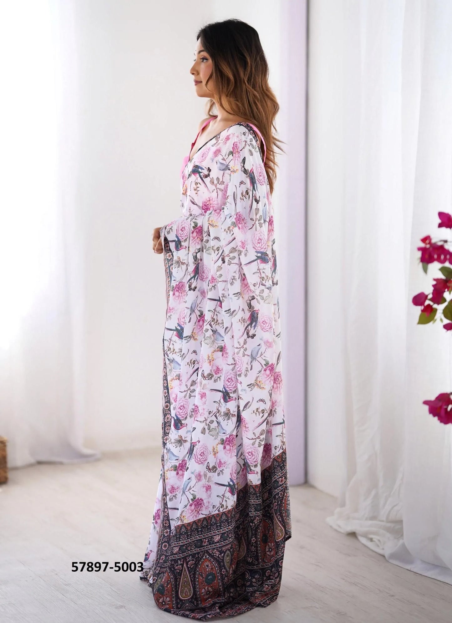 White Chinon Fashionable Saree For Kitty-Parties