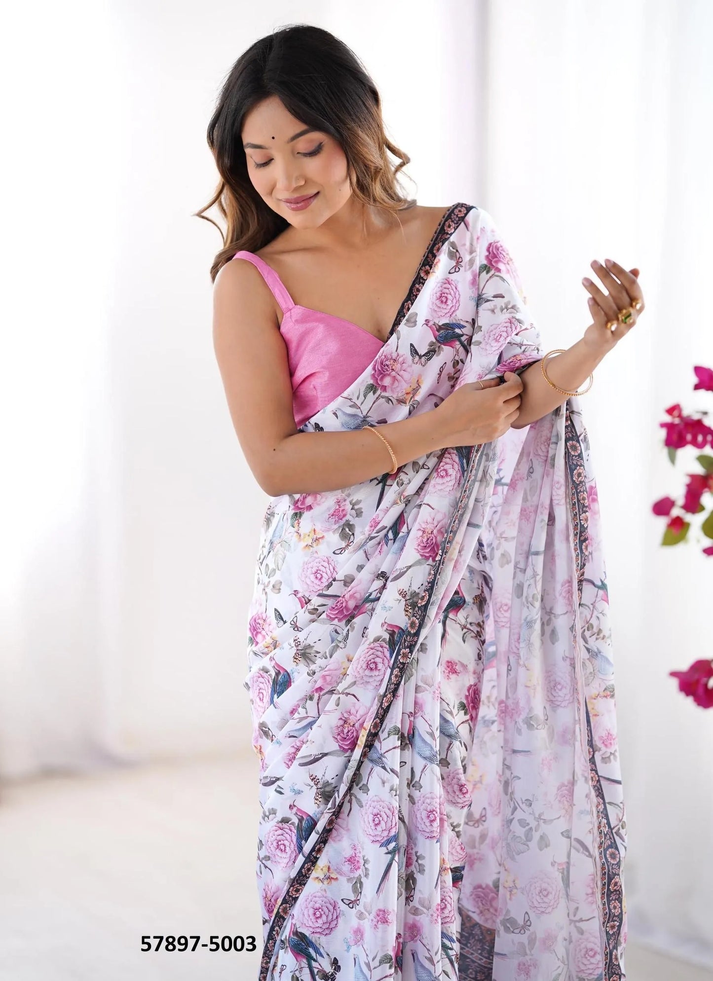 White Chinon Fashionable Saree For Kitty-Parties