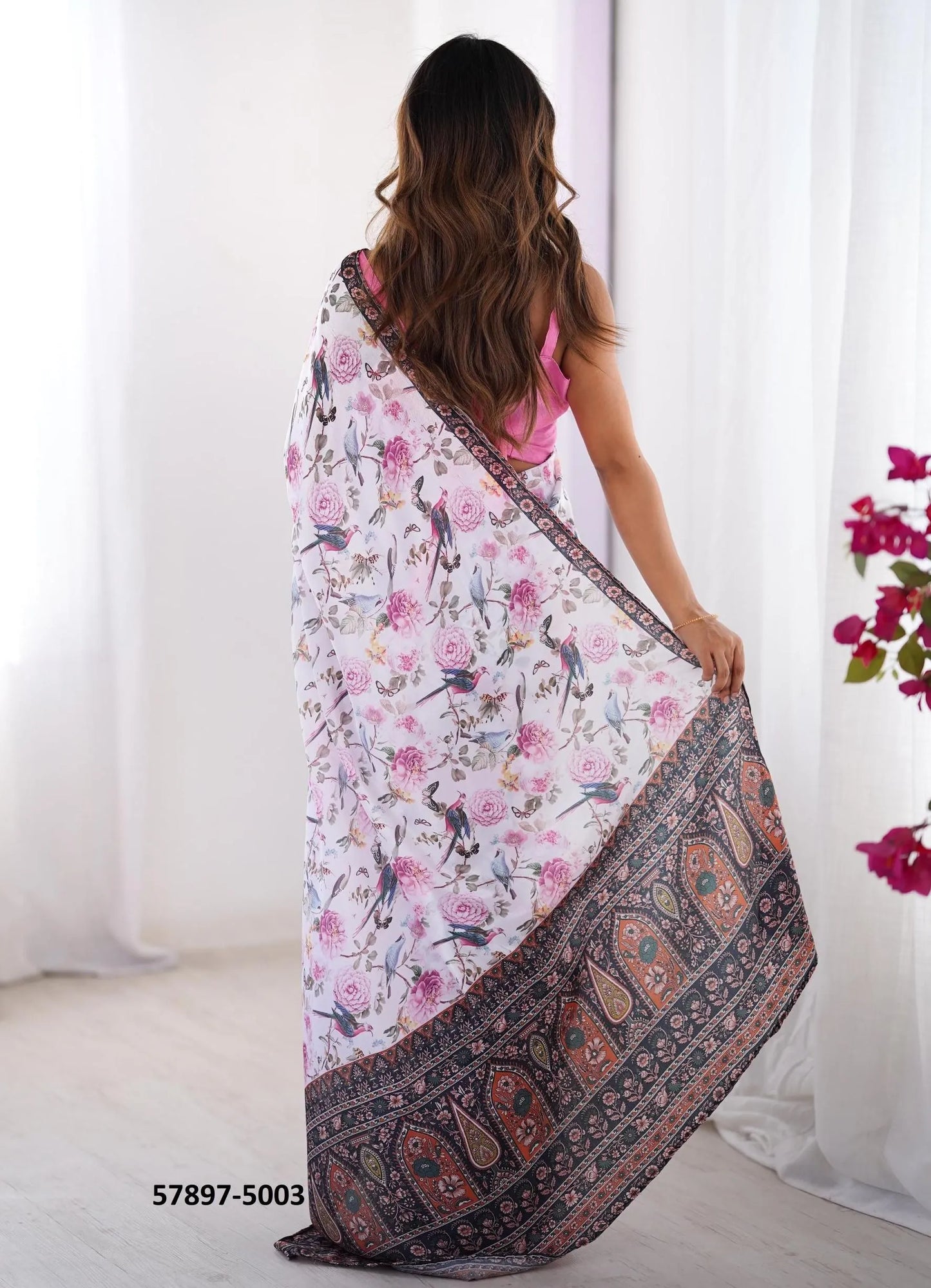 White Chinon Fashionable Saree For Kitty-Parties