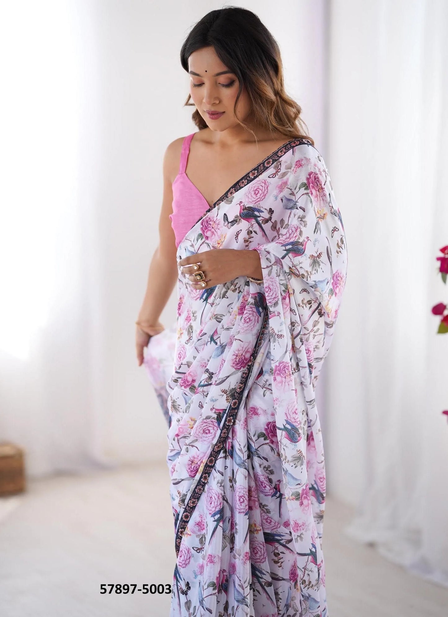 White Chinon Fashionable Saree For Kitty-Parties