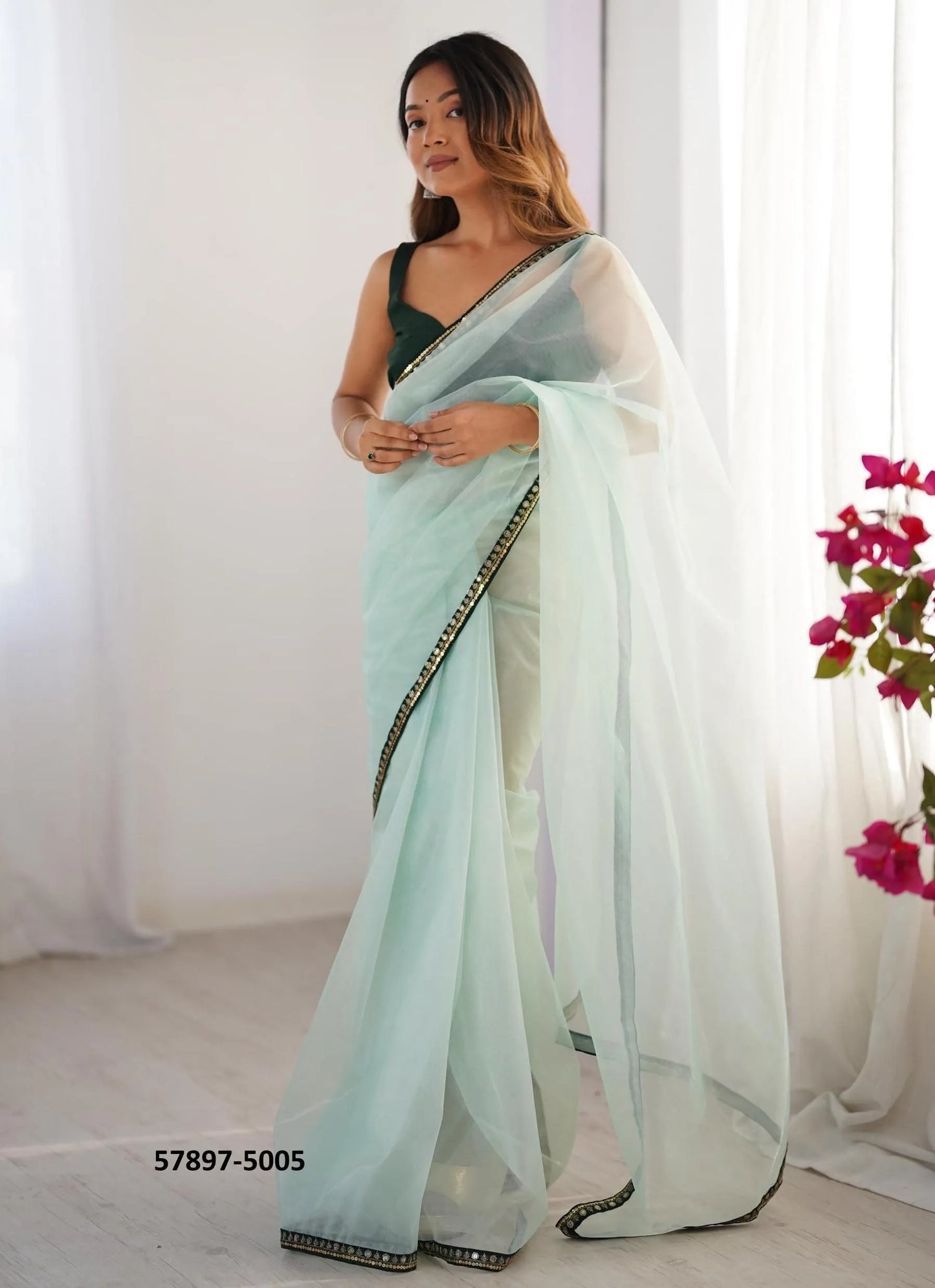 Light Celadon Twill Net Fashionable Saree For Kitty-Parties