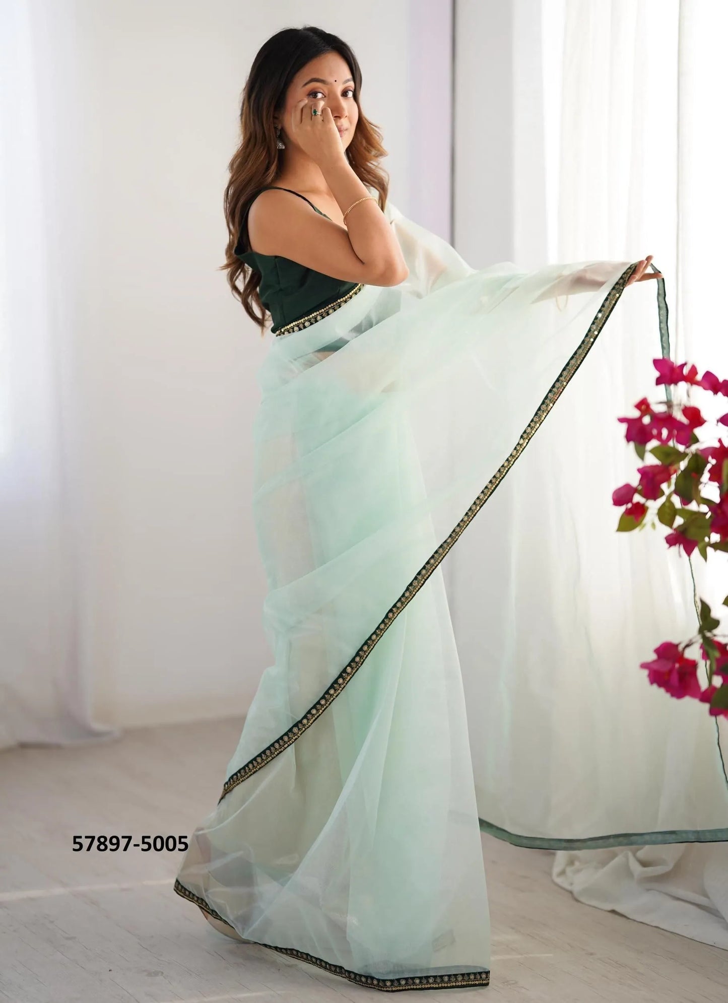 Light Celadon Twill Net Fashionable Saree For Kitty-Parties