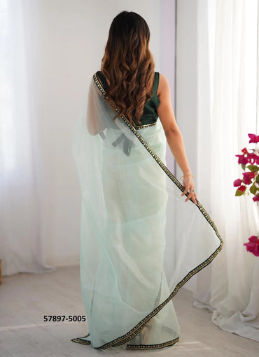 Light Celadon Twill Net Fashionable Saree For Kitty-Parties