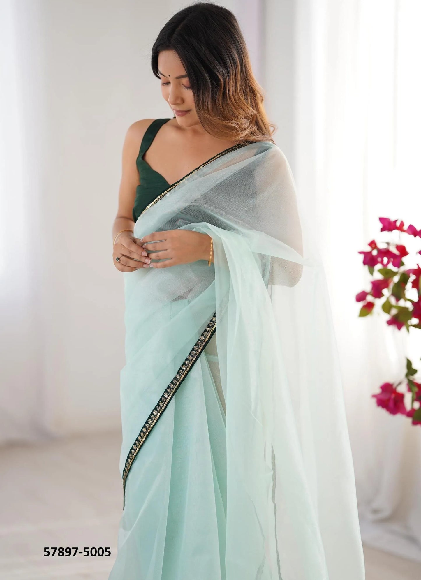 Light Celadon Twill Net Fashionable Saree For Kitty-Parties