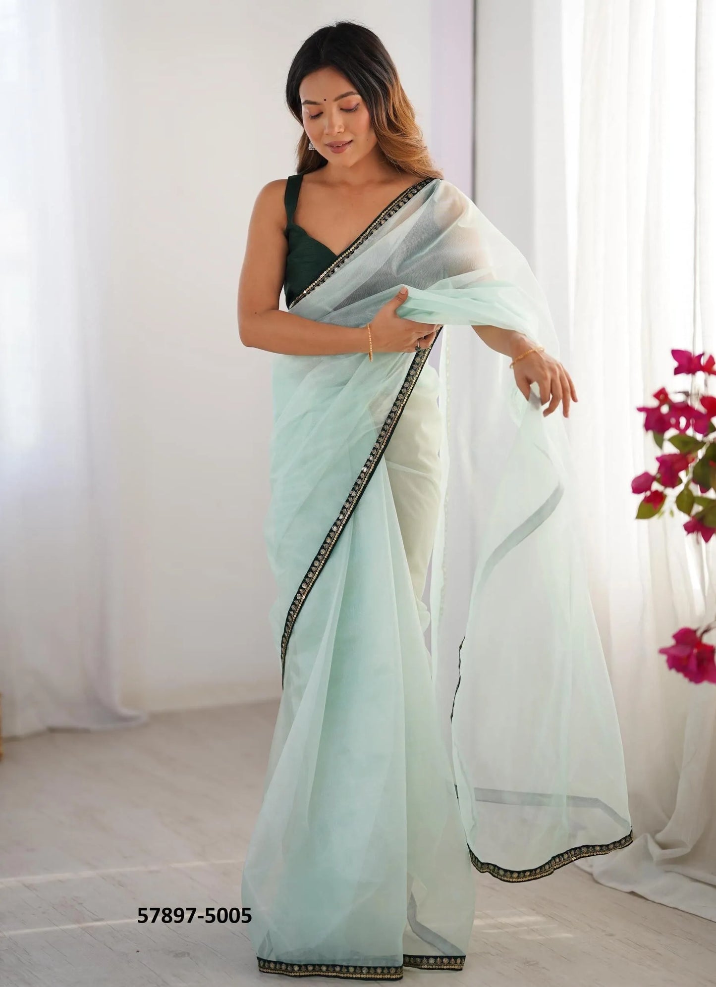 Light Celadon Twill Net Fashionable Saree For Kitty-Parties