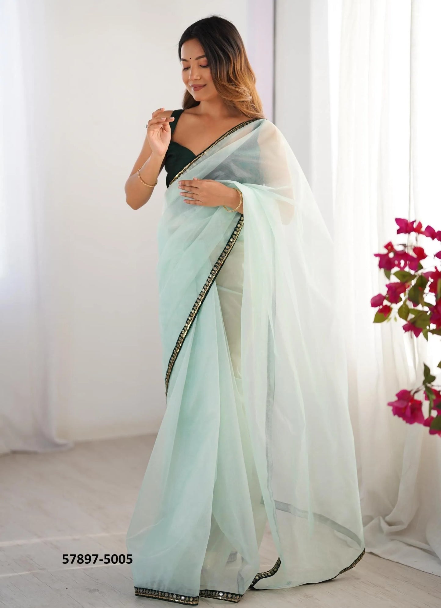 Light Celadon Twill Net Fashionable Saree For Kitty-Parties