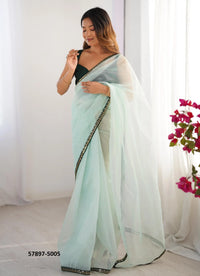 Light Celadon Twill Net Fashionable Saree For Kitty-Parties