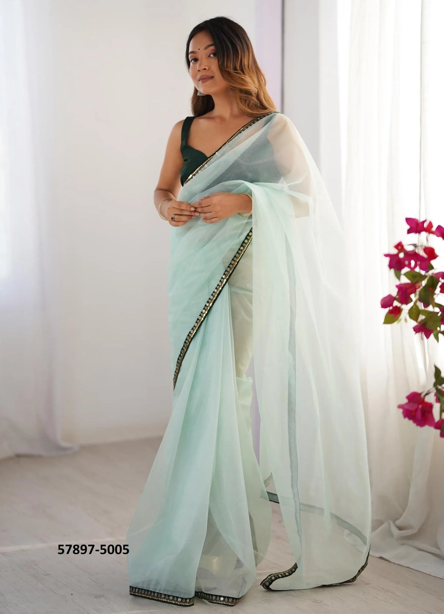 Light Celadon Twill Net Fashionable Saree For Kitty-Parties