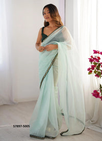 Light Celadon Twill Net Fashionable Saree For Kitty-Parties