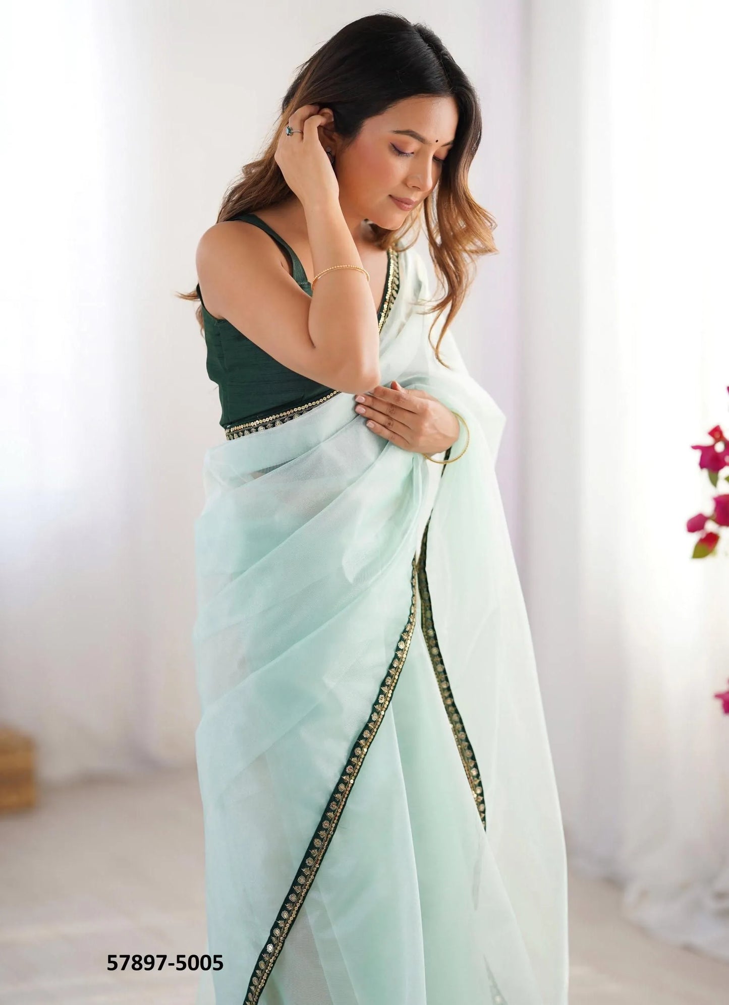 Light Celadon Twill Net Fashionable Saree For Kitty-Parties