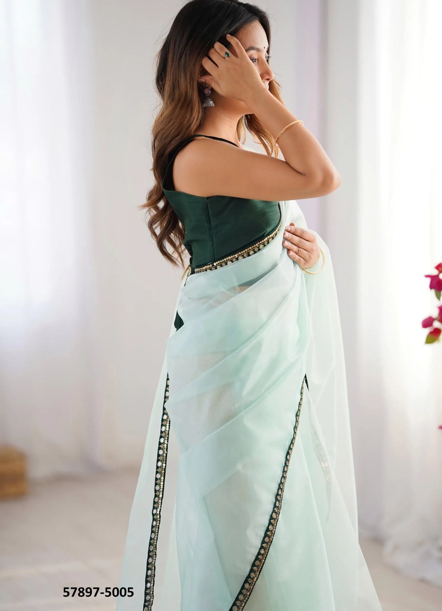 Light Celadon Twill Net Fashionable Saree For Kitty-Parties