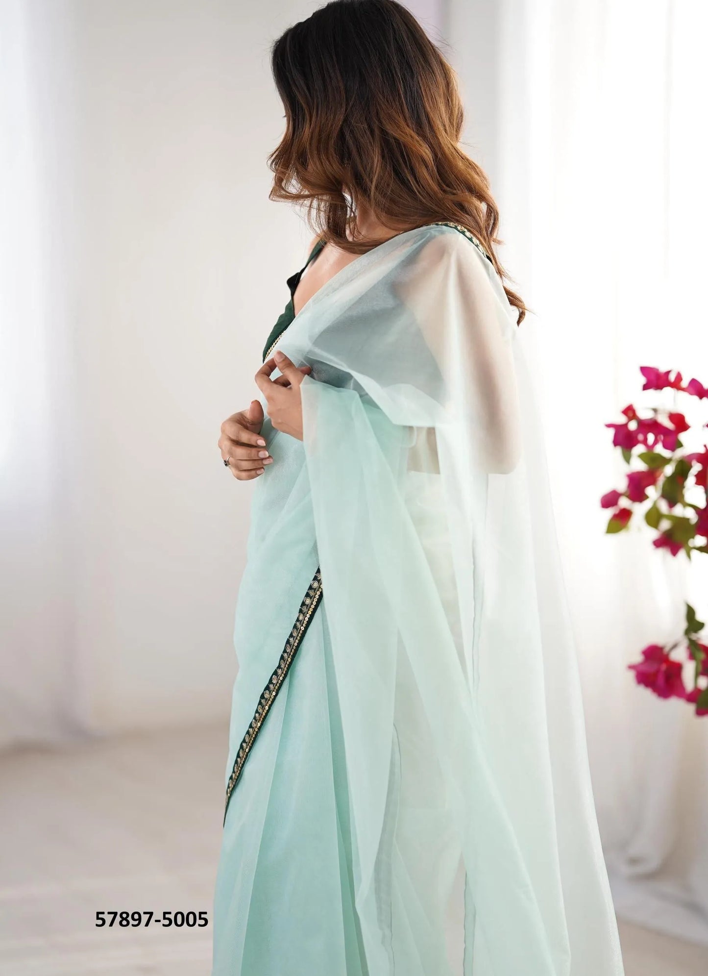 Light Celadon Twill Net Fashionable Saree For Kitty-Parties