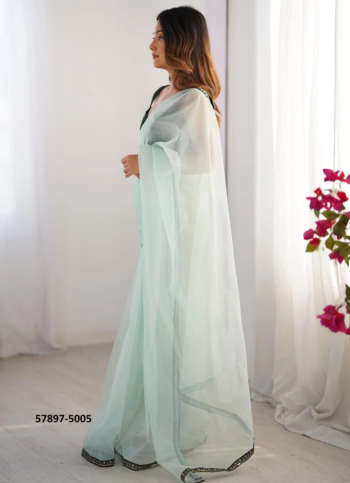 Light Celadon Twill Net Fashionable Saree For Kitty-Parties