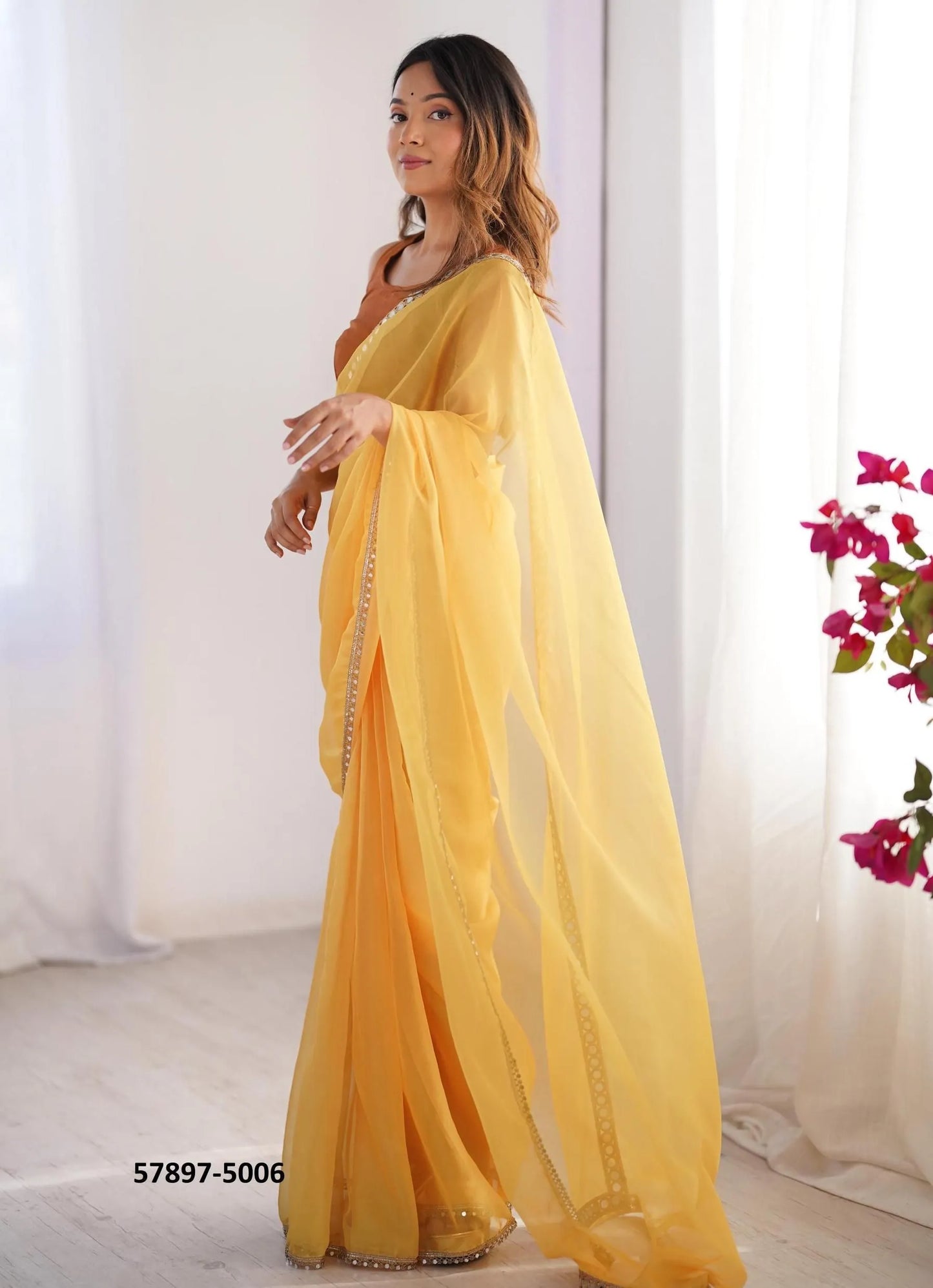 Marigold Organza Fashionable Saree For Kitty-Parties